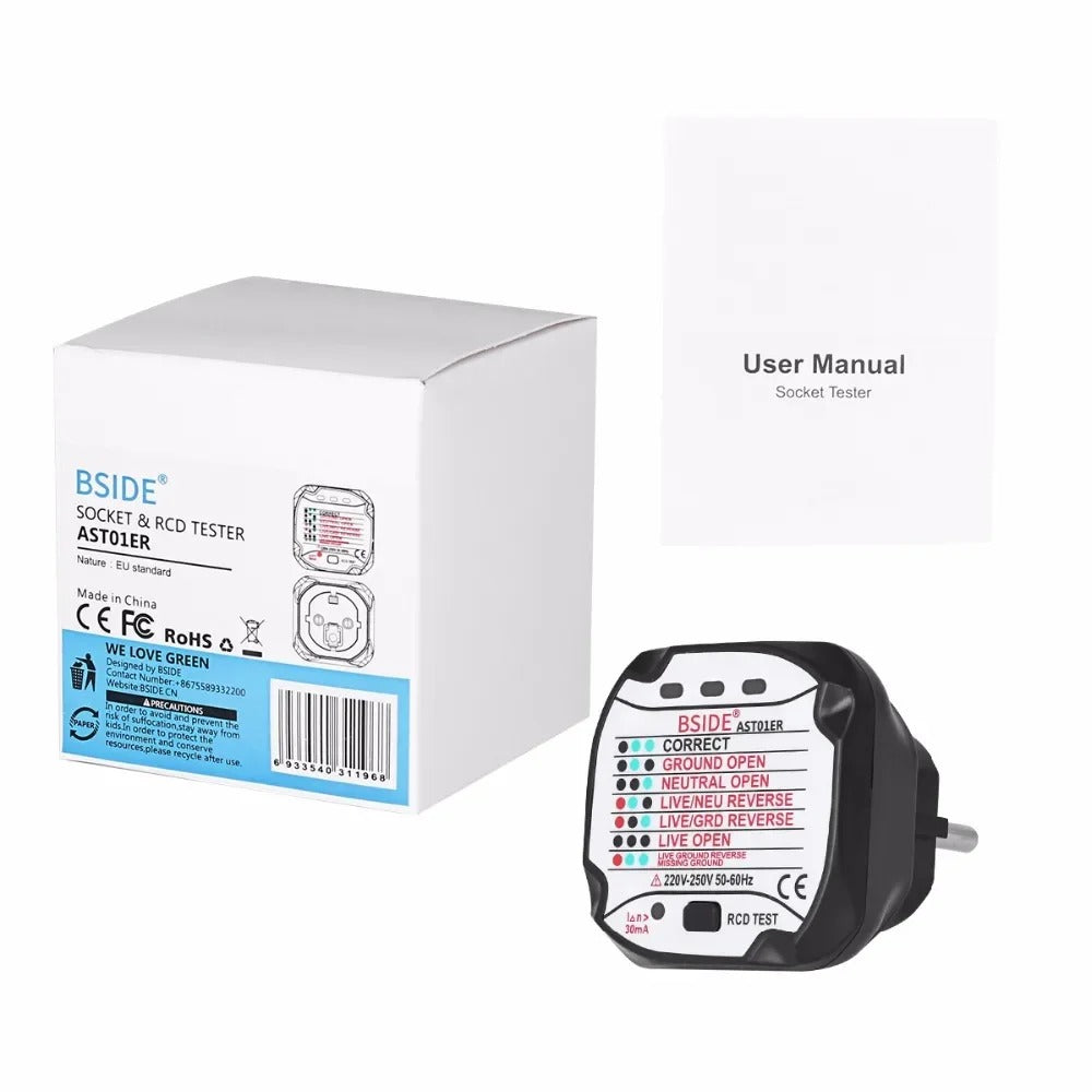 What's in the box: outlet tester, retail box and user manual