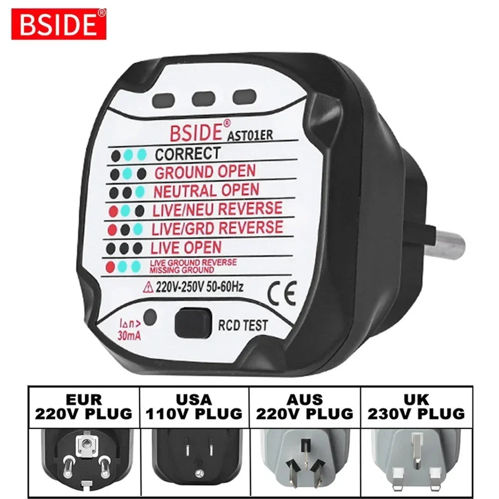 Outlet tester and the four plug types: EU, US, AU and UK