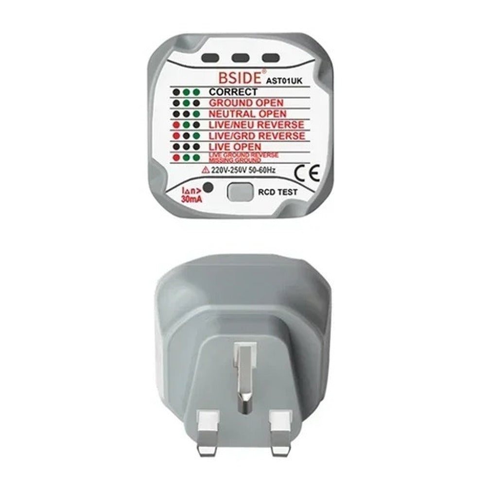 Outlet tester, UK 3-pin plug, front and back